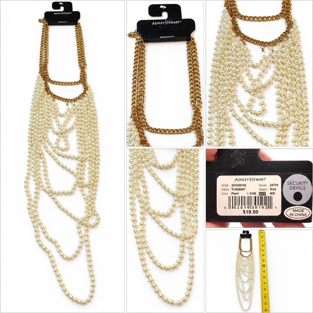 Ashley Stewart Multi Strand Faux Pearl Gold Tone Statement Necklace NWT